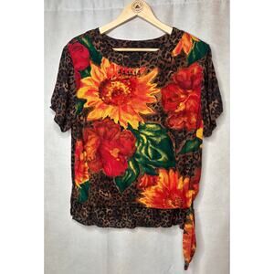 Carole Little Y2K Sunflower Leopard Print Top • Women’s 10 • Shoulder Pads